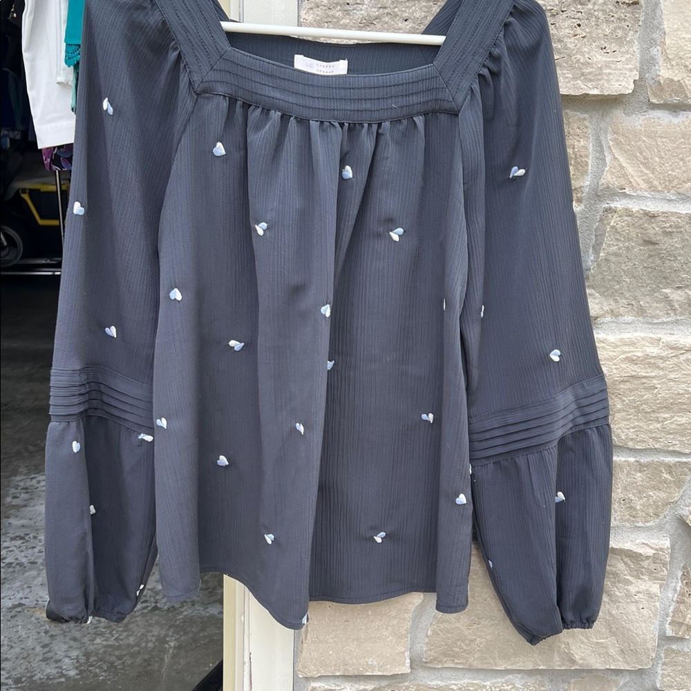LC Lauren Conrad Charcoal Blouse with White Embroidery